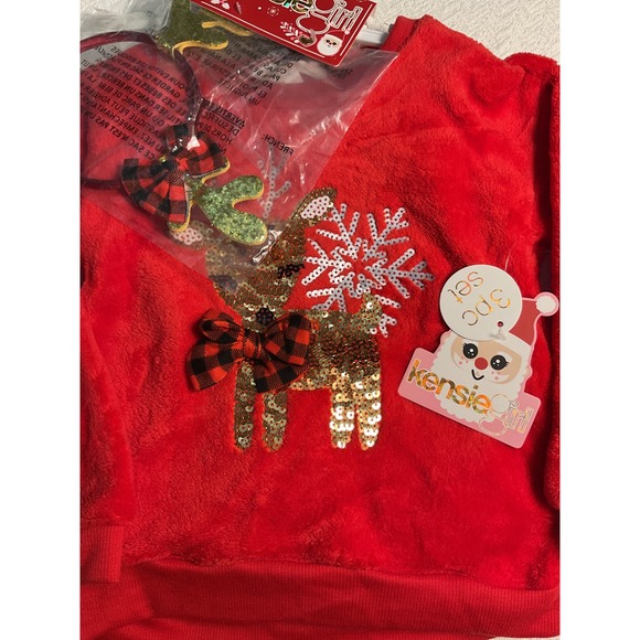 Kensie Girl Holiday Christmas Outfit Set Buffalo Plaid Reindeer Sequins Size 4 - Picture 3 of 6